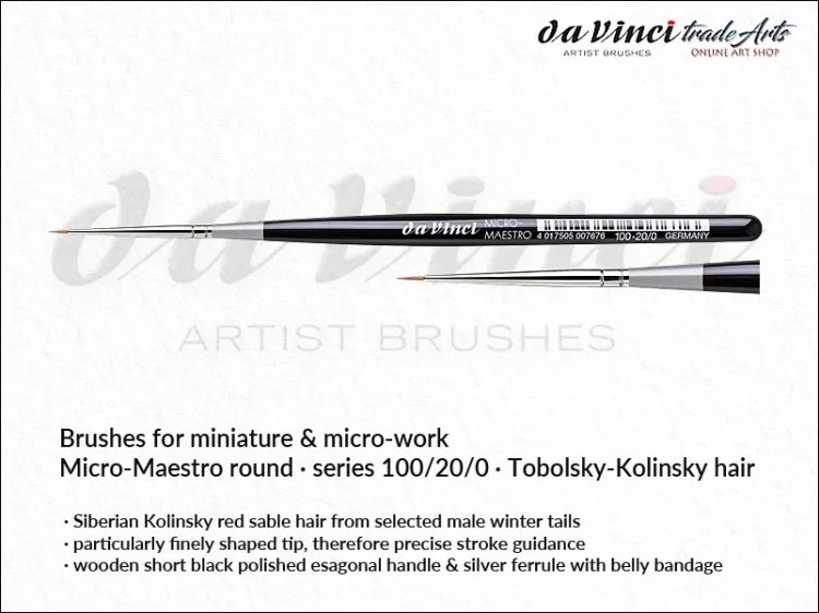 Da Vinci Micro-Maestro Kolinsky Red Sable brushes 100/20/0, pędzle  okrągłe da Vinci Micro-Maestro 100/20/0 Kolinsky Red Sable, pędzle Micro-Maestro da Vinci seria 100 do detali, pędzle modelarskie Kolinsky Red Sable, pędzle do miniatur,
