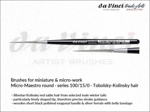 Da Vinci Micro-Maestro Kolinsky Red Sable brushes 100/15/0, pędzle  okrągłe da Vinci Micro-Maestro 100/15/0 Kolinsky Red Sable, pędzle Micro-Maestro da Vinci seria 100 do detali, pędzle modelarskie Kolinsky Red Sable, pędzle do miniatur,