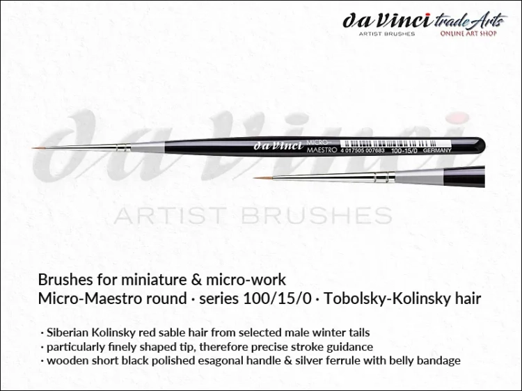 Da Vinci Micro-Maestro Kolinsky Red Sable brushes 100/15/0, pędzle  okrągłe da Vinci Micro-Maestro 100/15/0 Kolinsky Red Sable, pędzle Micro-Maestro da Vinci seria 100 do detali, pędzle modelarskie Kolinsky Red Sable, pędzle do miniatur,