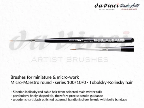 Da Vinci Micro-Maestro Kolinsky Red Sable brushes 100/10/0, pędzle  okrągłe da Vinci Micro-Maestro 100/10/0 Kolinsky Red Sable, pędzle Micro-Maestro da Vinci seria 100 do detali, pędzle modelarskie Kolinsky Red Sable, pędzle do miniatur,