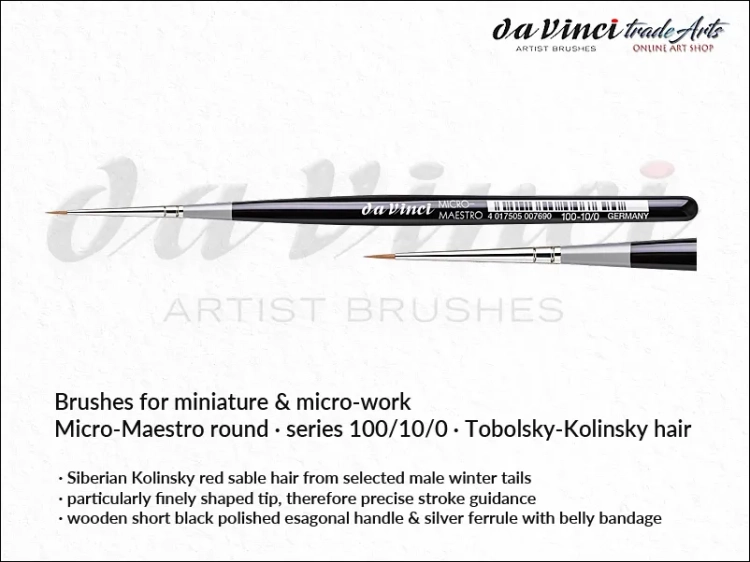 Da Vinci Micro-Maestro Kolinsky Red Sable brushes 100/10/0, pędzle  okrągłe da Vinci Micro-Maestro 100/10/0 Kolinsky Red Sable, pędzle Micro-Maestro da Vinci seria 100 do detali, pędzle modelarskie Kolinsky Red Sable, pędzle do miniatur,