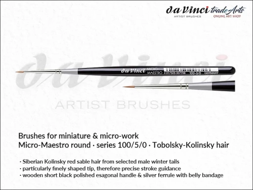 Da Vinci Micro-Maestro Kolinsky Red Sable brushes 100/5/0, pędzle  okrągłe da Vinci Micro-Maestro 100/5/0 Kolinsky Red Sable, pędzle Micro-Maestro da Vinci seria 100 do detali, pędzle modelarskie Kolinsky Red Sable, pędzle do miniatur,