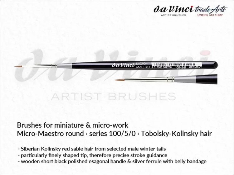 Da Vinci Micro-Maestro Kolinsky Red Sable brushes 100/5/0, pędzle  okrągłe da Vinci Micro-Maestro 100/5/0 Kolinsky Red Sable, pędzle Micro-Maestro da Vinci seria 100 do detali, pędzle modelarskie Kolinsky Red Sable, pędzle do miniatur,
