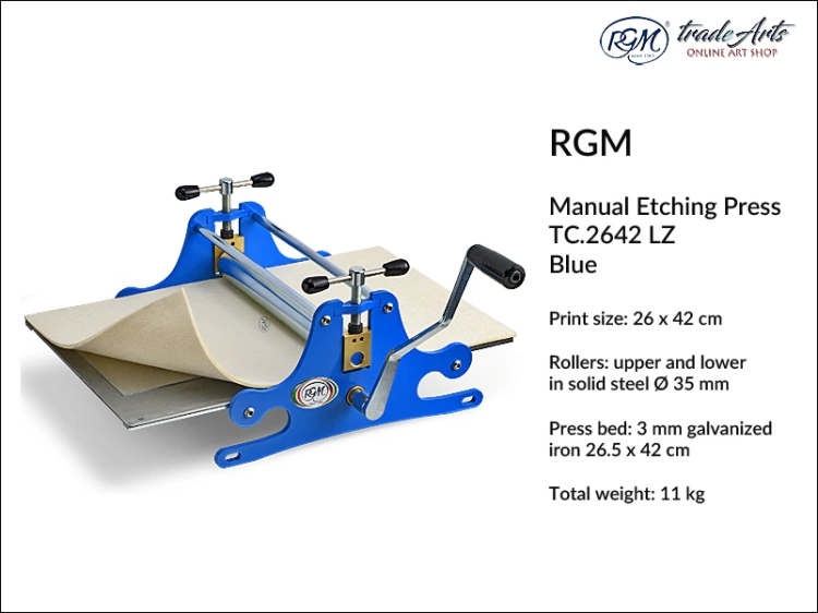 RGM Manual Etching Press TC.2642 LZ Blue, prasa do linorytu ręczna RGM TC.2642 LZ niebieska, RGM prasa drukarska do linorytu TC.2642 LZ Blue, linoryt, prasa do linorytu, chalkografia, druk, prasa drukarska,