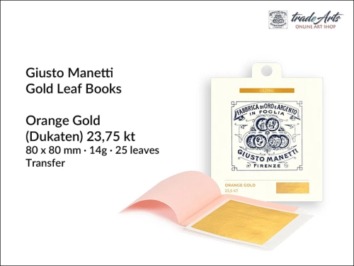 Manetti Gold Transfer Leaf Booklets Orange Gold 23¾ kt 14g  25 leaves, Manetti złoto ltransferowe płatkowe Orange Gold 23¾ kt 14g ks. 25 płatków, złoto płatkowe transferowe Giusto Manetti, złoto w płatkach, złoto, złocenia, konserwatorstwo, pozłotnictwo;