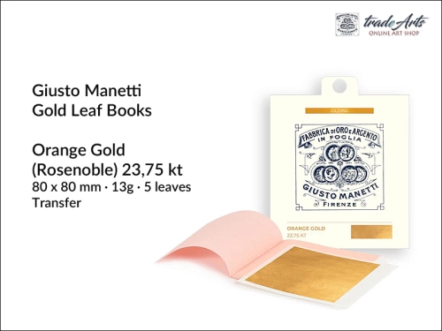 Manetti Gold Rosenoble Transfer Leaf Booklets Orange Gold 23¾ kt 13g 5 leaves, Manetti złoto transferowe płatkowe Orange Gold Rosenoble 23¾ kt 13g ks. 5 płatków, złoto płatkowe Giusto Manetti, złoto w płatkach, złoto, złocenia,
