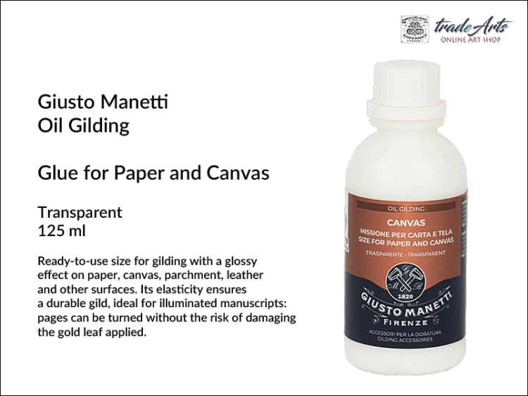 Manetti Canvas Size for paper &amp;amp; canvas 125 ml transparent, klej do złoceń płócien i papieru Manetti Canvas Size transparentny, klej do złoceń Canvas Size Manetti, złocenie płótna, złocenie skóry i papieru,