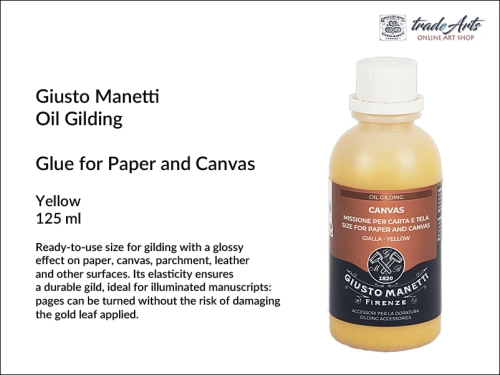 Manetti Canvas Size for paper &amp; canvas 125 ml yellow, klej do złoceń płócien i papieru Manetti Canvas Size  żółty, klej do złoceń Canvas Size Manetti, złocenie płótna, złocenie skóry i papieru,