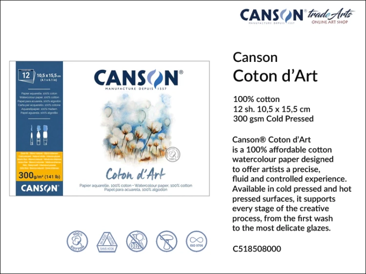 Canson Coton d'Art Watercolour Block CP 10,5x15,5 cm, blok akwarelowy CP 10,5x15,5 cm Canson Coton d'Art, bloki akwarelowe Canson Coton d'Art, Canson Coton d'Art bloki akwarelowe 100% bawełna, bloki, akwarela,