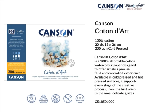 Canson Coton d'Art Watercolour Block CP 18x26 cm, blok akwarelowy CP 18x26 cm Canson Coton d'Art, bloki akwarelowe Canson Coton d'Art, Canson Coton d'Art bloki akwarelowe 100% bawełna, bloki, akwarela,