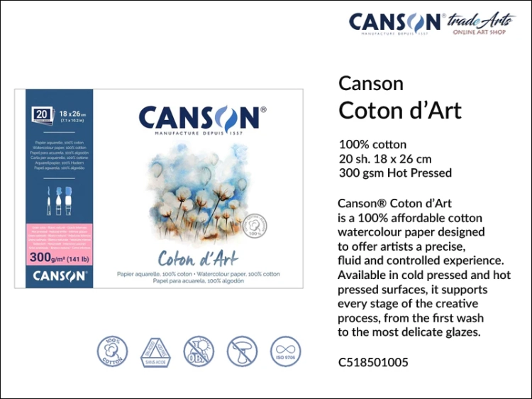 Canson Coton d'Art Watercolour Block HP 18x26 cm, blok akwarelowy HP 18x26 cm Canson Coton d'Art, bloki akwarelowe Canson Coton d'Art, Canson Coton d'Art bloki akwarelowe 100% bawełna, bloki, akwarela,