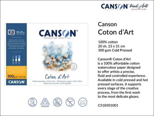 Canson Coton d'Art Watercolour Block CP 23x31 cm, blok akwarelowy CP 23x31 cm Canson Coton d'Art, bloki akwarelowe Canson Coton d'Art, Canson Coton d'Art bloki akwarelowe 100% bawełna, bloki, akwarela,
