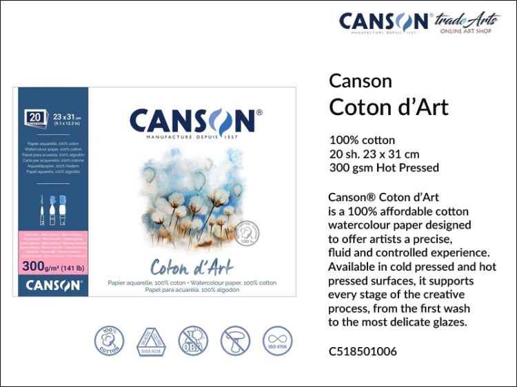 Canson Coton d'Art Watercolour Block CP 23x31 cm, blok akwarelowy CP 23x31 cm Canson Coton d'Art, bloki akwarelowe Canson Coton d'Art, Canson Coton d'Art bloki akwarelowe 100% bawełna, bloki, akwarela,