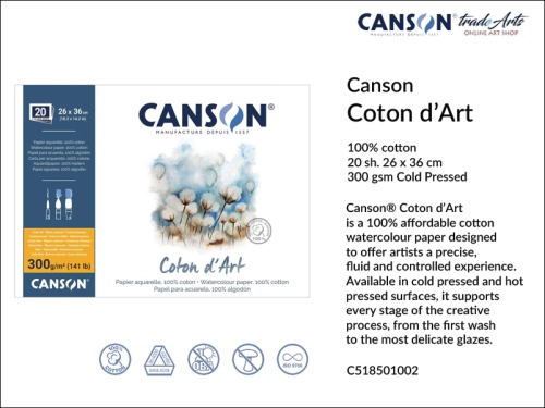 Canson Coton d'Art Watercolour Block CP 26x36 cm, blok akwarelowy CP 26x36 cm Canson Coton d'Art, bloki akwarelowe Canson Coton d'Art, Canson Coton d'Art bloki akwarelowe 100% bawełna, bloki, akwarela,