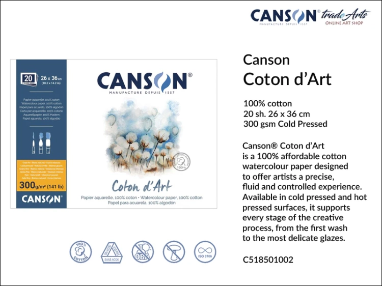 Canson Coton d'Art Watercolour Block CP 26x36 cm, blok akwarelowy CP 26x36 cm Canson Coton d'Art, bloki akwarelowe Canson Coton d'Art, Canson Coton d'Art bloki akwarelowe 100% bawełna, bloki, akwarela,