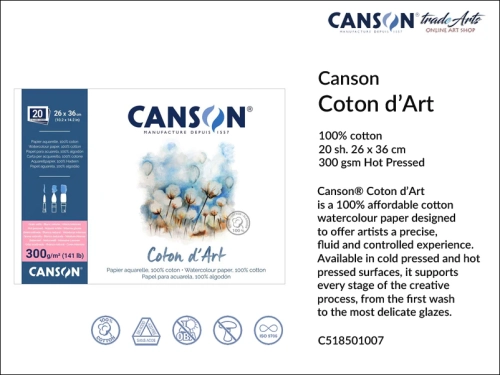 Canson Coton d'Art Watercolour Block HP 26x36 cm, blok akwarelowy HP 26x36 cm Canson Coton d'Art, bloki akwarelowe Canson Coton d'Art, Canson Coton d'Art bloki akwarelowe 100% bawełna, bloki, akwarela,