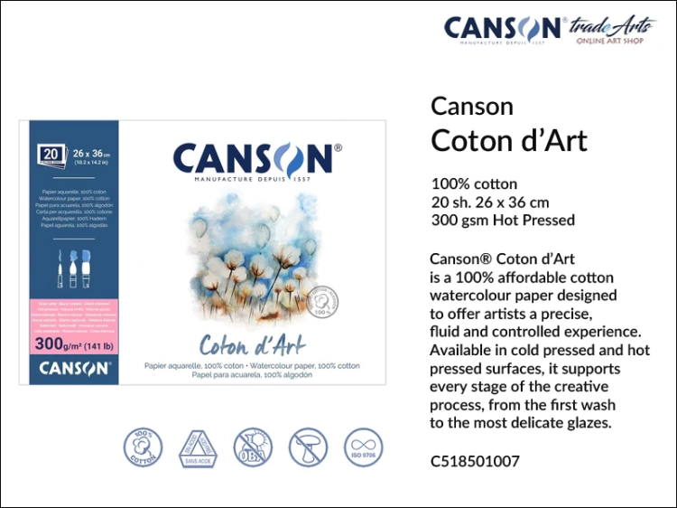 Canson Coton d'Art Watercolour Block HP 26x36 cm, blok akwarelowy HP 26x36 cm Canson Coton d'Art, bloki akwarelowe Canson Coton d'Art, Canson Coton d'Art bloki akwarelowe 100% bawełna, bloki, akwarela,