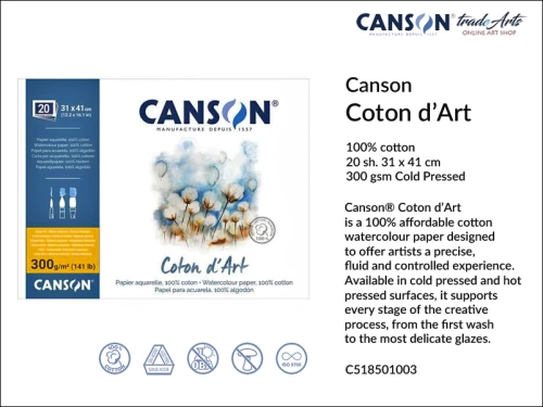 Canson Coton d'Art Watercolour Block CP 31x41 cm, blok akwarelowy CP 31x41 cm Canson Coton d'Art, bloki akwarelowe Canson Coton d'Art, Canson Coton d'Art bloki akwarelowe 100% bawełna, bloki, akwarela,