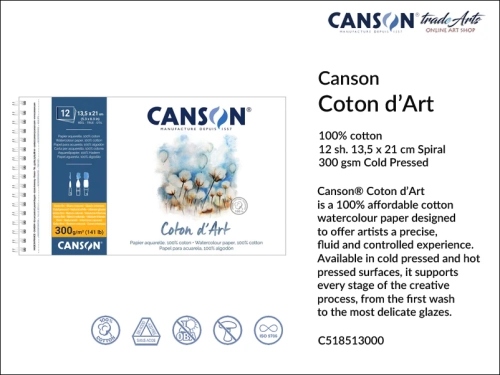 Canson Coton d'Art Watercolour Block Spiral CP 13,5x21 cm, blok akwarelowy spirala CP 13,5x21 cm Canson Coton d'Art, bloki akwarelowe Canson Coton d'Art, Canson Coton d'Art bloki, bloki na spirali, akwarela,