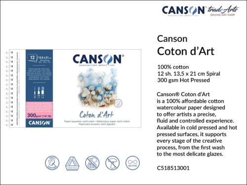 Canson Coton d'Art Watercolour Block Spiral HP 13,5x21 cm, blok akwarelowy spirala HP 13,5x21 cm Canson Coton d'Art, bloki akwarelowe Canson Coton d'Art, Canson Coton d'Art bloki, bloki na spirali, akwarela,